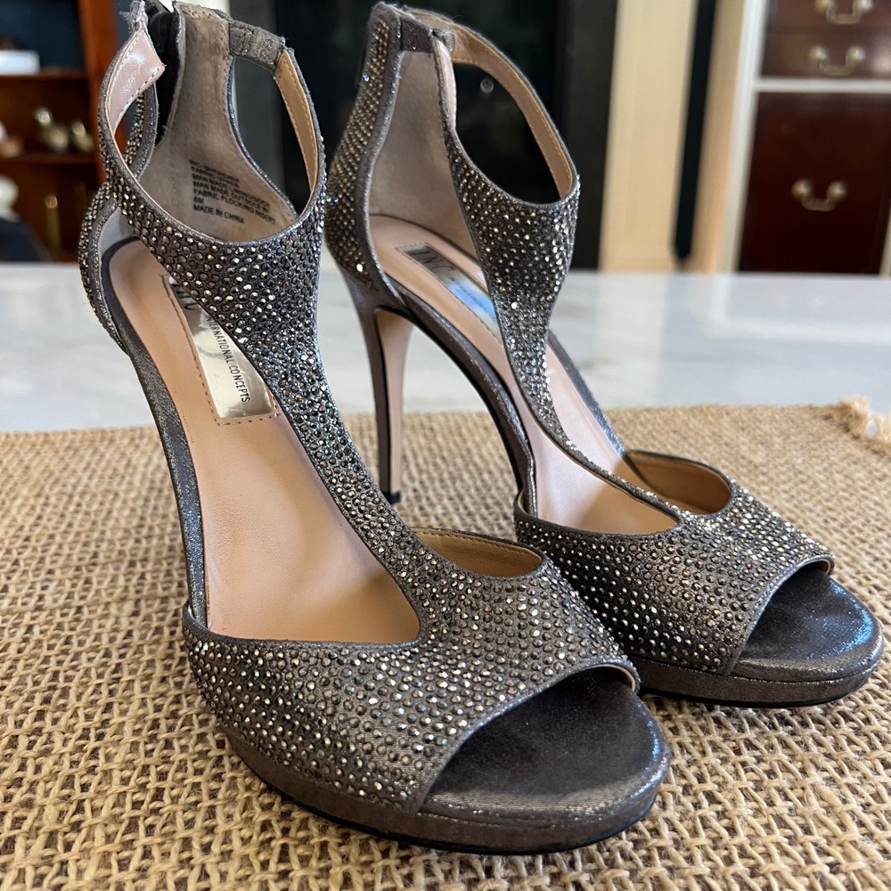 INC International Concepts Silver Rhinestone T Strap Heels Peep‎ Toe Stiletto